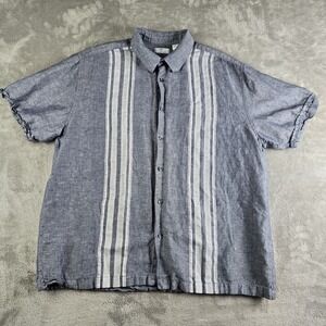 Cafe Luna Shirt Mens XL Blue White Striped Linen Blend Short Sleeve Coastal